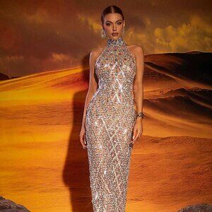Liora Sequin Crystal Maxi Dress In Light Nude